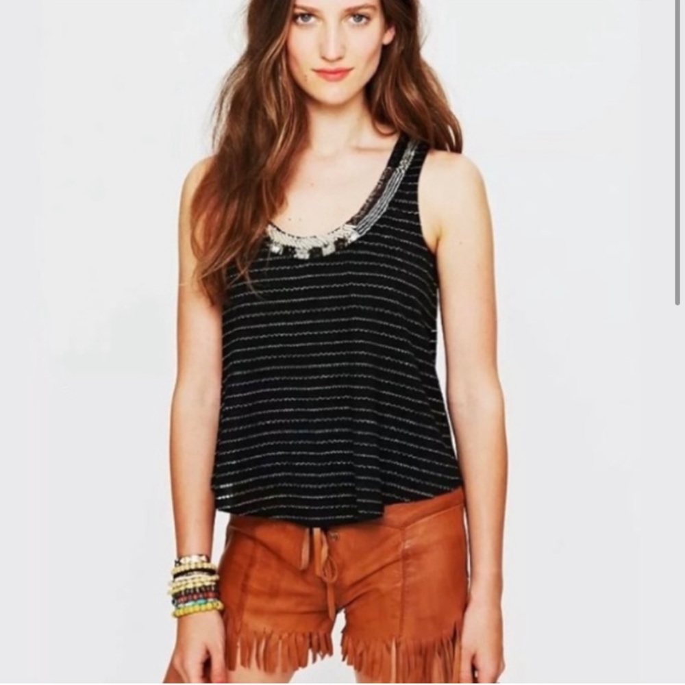 Free People Aztec Louie Split Back Beaded Embellished Tank Top Sz XS
